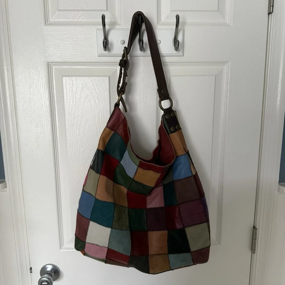 Lucky Brand Large Patchwork Leather Suede Hobo Shoulder Bag Purse Mika Abdalla